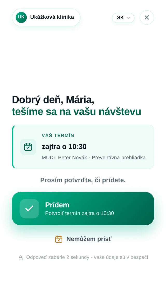 1. Pacient otvorí odkaz z SMS a vidí svoj termín