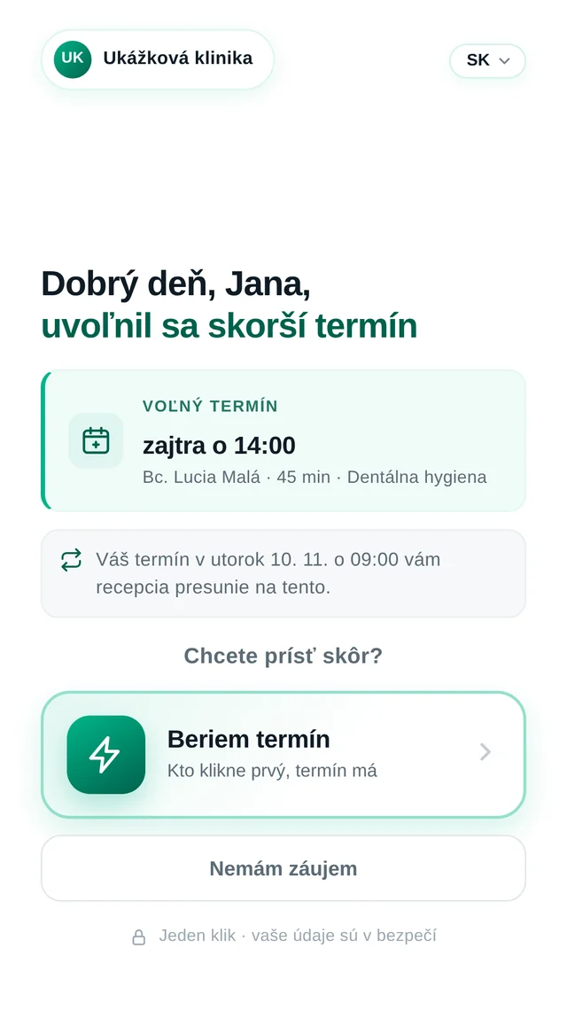 1. Pacient vidí uvoľnený termín